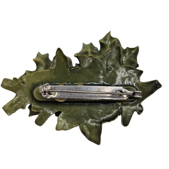 Vtg Christmas Poinsettia Brooch Pin 50s Celluloid Green Red Plastic HollyBerry - Picture 4 of 8